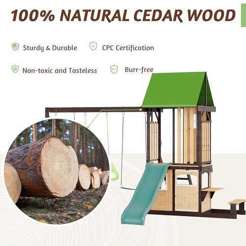 HOMMOW Wooden Swing Set with Wave Slide
